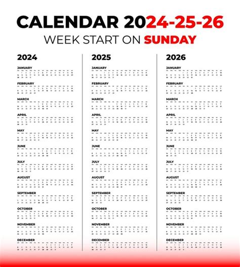 Calendário vetorial para 2024 2025 2026 em um fundo branco a semana