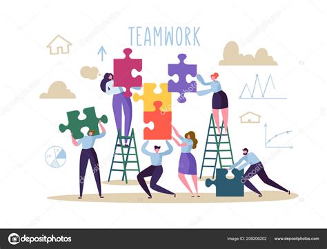 Business Teamwork Concept Flat People Characters With Pieces Of Puzzle