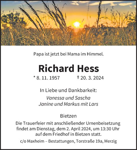 Traueranzeigen Von Richard Hess Saarbruecker Zeitung Trauer De