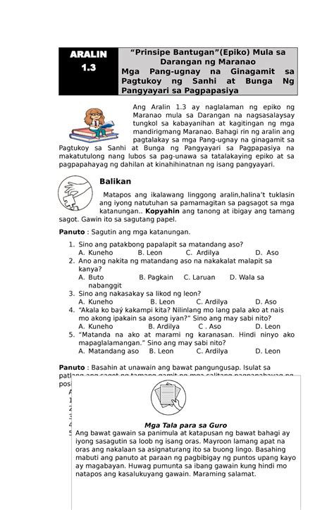 Fil7Q1 ARALIN 1 3 Prinsipe Bantugan Epiko Mula Sa