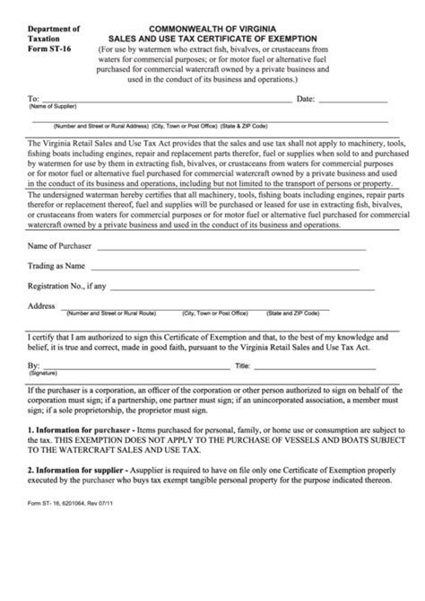 Fillable Form St 16 Sales And Use Tax Certificate Of Exemption