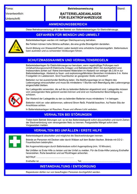 Betriebsanweisungen für Arbeitsmittel Batterieladeanlagen für
