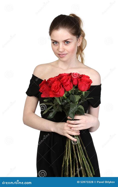 Beautiful Brunette With A Bouquet Of Roses Stock Photo Image Of Perfect Care