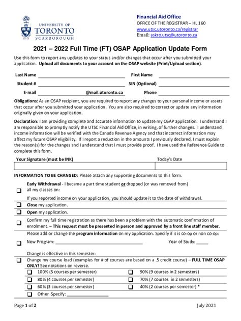 Fillable Online 20212022 Full Time FT OSAP Application Update Form