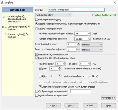 Logtag Settings For Vaccine Refrigerator Logtag Temperature Loggers