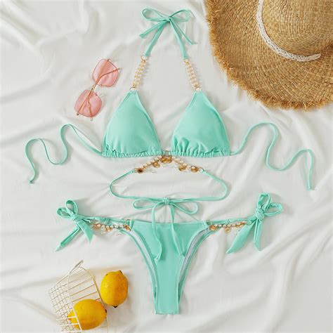 2021 Sexy Pearl Crystal Bikini Women Swimsuit Push Up Swimwear Female