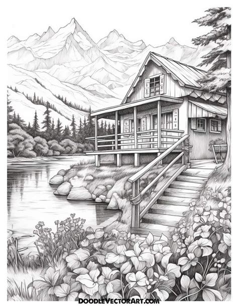 House On The Water With Mountain View Drawing