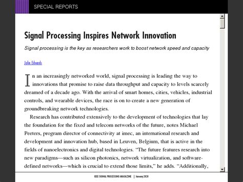 IEEE Signal Processing Magazine, January 2020Signal Processing Inspires Network Innovation