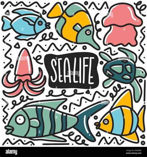 Hand Drawn Sea Life Doodle Set Stock Vector Image Art Alamy