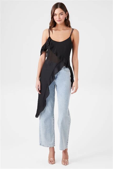 Forever 21 Sheer Asymmetrical Flounce Cami Black Forever21USA