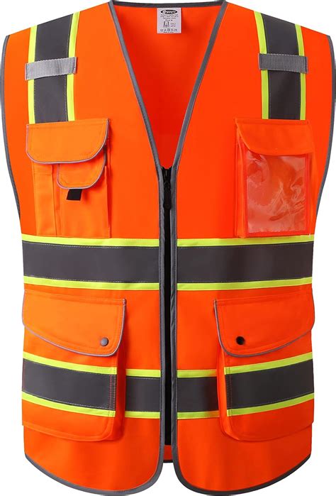 JKSafety 9 Pockets High Visibility Zipper Front Safety Vest Orange