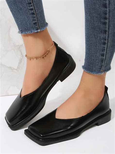 Mulheres Slip On Dedo Do P Quadrado Sapatilhas Flats Elegante Preto