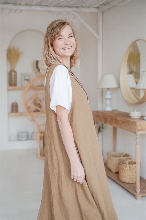 Brown Linen Boho Pinafore Dress Linen Apron Dress Maxi Long Etsy