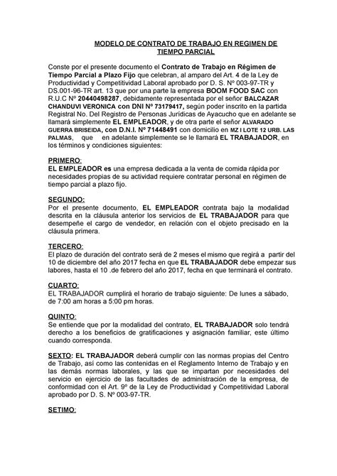 Contrato Part Time Modelo De Contrato De Trabajo A Tiempo Parcial The