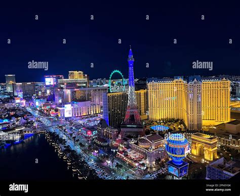 Las Vegas Nevada 04-05-2023 Aerial views of the famous Las Vegas Strip with the neon lights ...