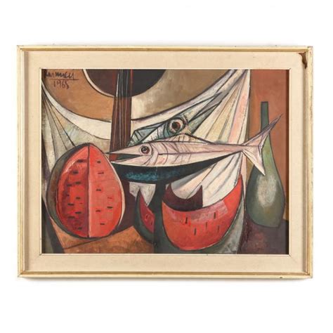 A Modern Cubist Style Still Life Painting Of Watermelon And Fish Lot