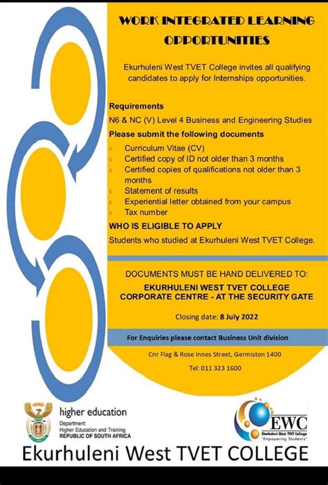 Learnership opportunity at Ekurhuleni West TVET College - Youthspace ...