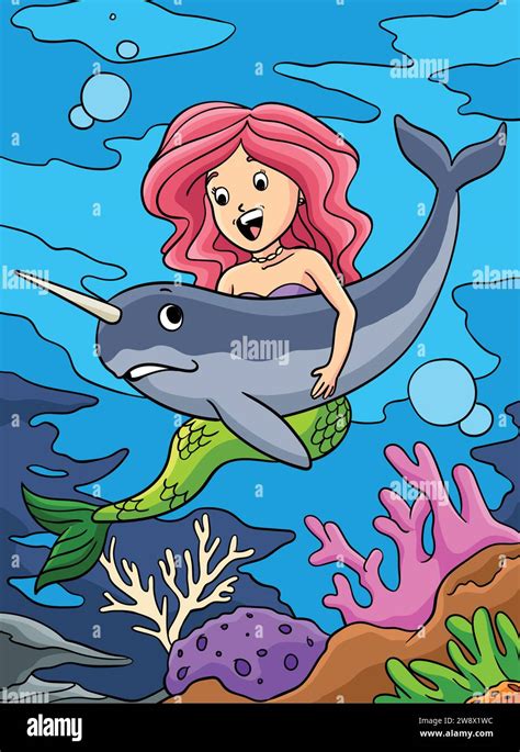 Mermaid And Hugging Narwhal Colored Cartoon Stock Vector Image And Art