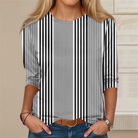 Yu Cheng Women S 3 4 Sleeved Shirt Striped Top Pattern T Shirt Casual