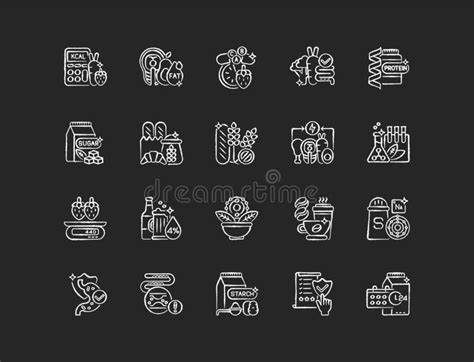 Healthy Eating Chalk White Icons Set On Black Background Stock Vector