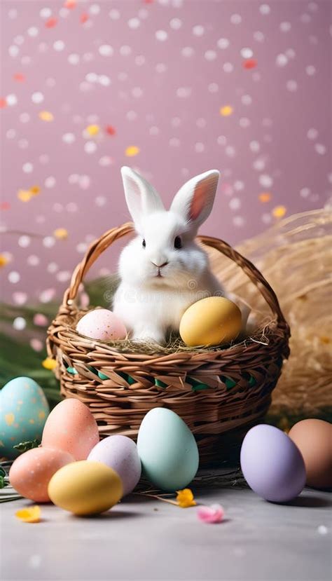 A Cute Bunny Nestled In A Woven Basket With Vibrant Easter Eggs And