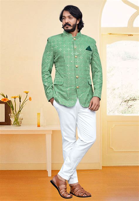 Pista Green Velvet Jodhpuri Suit