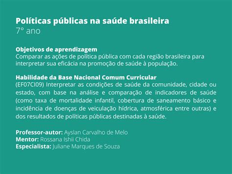 Políticas públicas na saúde brasileira Planos de aula 7º ano Ciências