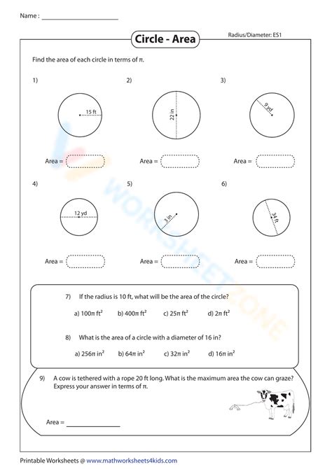 Area From Radius Or Diameter Worksheet