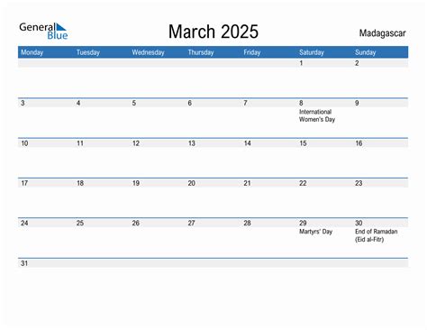 Editable March 2025 Calendar with Madagascar Holidays