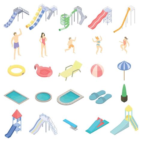 Aquapark Icons Set Isometric Style Vector Art At Vecteezy