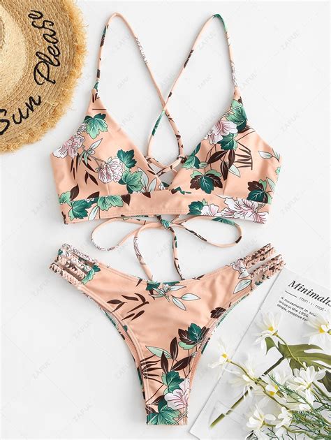 OFF ZAFUL Flower Print Lace Up Braided Cross Bikini Swimsuit In LIGHT ORANGE ZAFUL