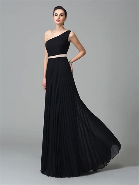 A Line Princess One Shoulder Pleats Sleeveless Long Chiffon Dresses