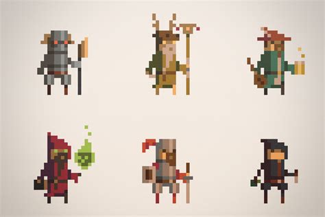 six pixellated characters in different styles and colors