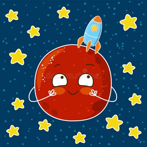 Cute Cartoon Mars With Rocket Stock Vector Illustration Of Star