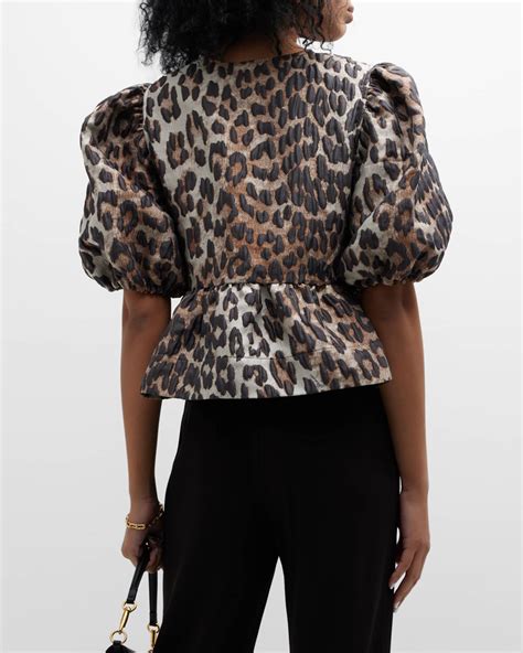 Ganni 3d Leopard Peplum Blouse Neiman Marcus