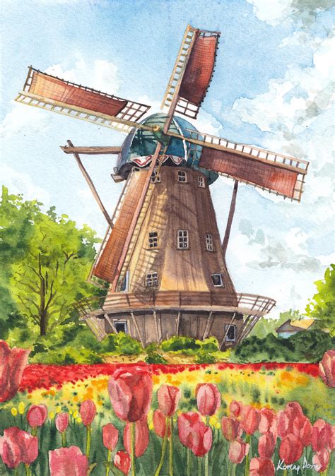Holland Szélmalom Dutch Windmill Dora Koreny Paintings