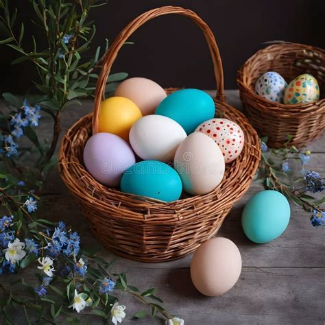 Colorful Easter Eggs Nestled In A Wicker Basket With Spring Flowers