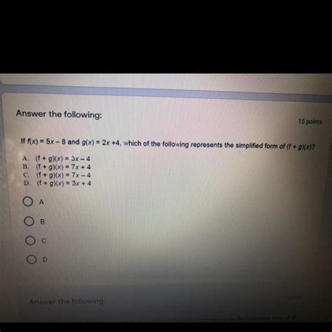 If F X 5x 8 And G X 2x 4 Which Of The Following Represents