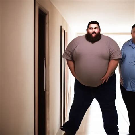 Overweight Men Standing In A Corridor Stable Diffusion