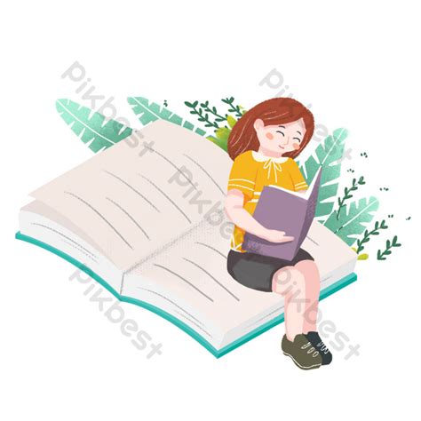 Education Girl Sitting On A Book Reading A Book Png Images Psd Free