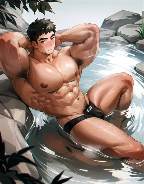 Rule 34 1boy 2023 Abs Ai Generated Armpit Hair Armpits Arms Behind Head Bara Black Hair Blush