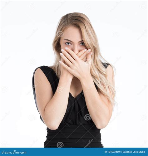 Beautiful Woman Covering Mouth By Her Hands Stock Photo Image Of