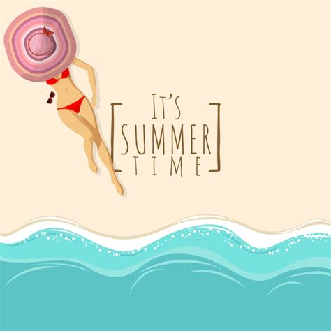 Fondo De Playa Vista Superior Con Mujer Sexy En Bikini Rojo Vector Premium