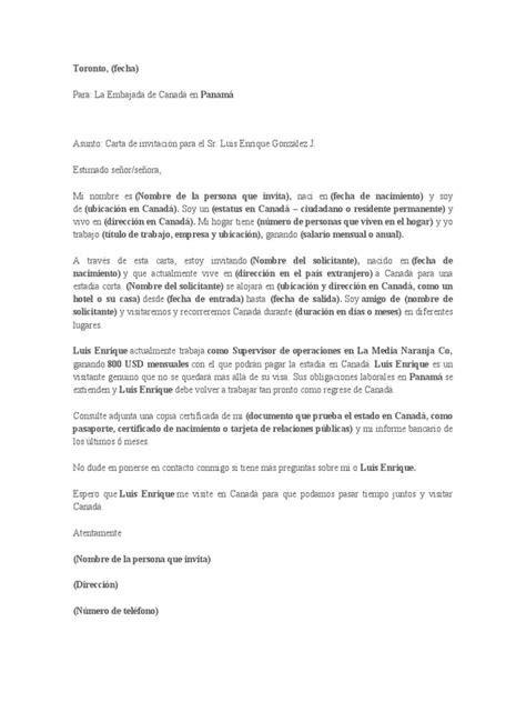 Carta De Invitacion A Canada Pdf