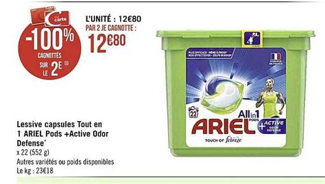 Promo Lessive Capsules Tout En Ariel Pods Active Odor Defense Chez