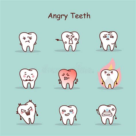 Angry Molar Tooth Cartoon Expression Collection Set Stock Vector