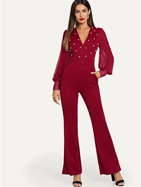 Plunging Pearl Embellished Lantern Sleeve Flared Jumpsuit Periwinkley