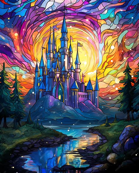 Premium Photo Stained Glass Cinderella Castle In Digital Style 2