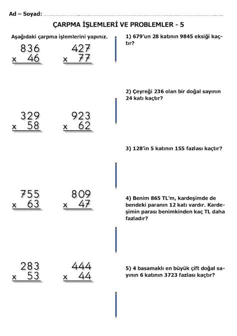 4 SINIF ÇARPMA İŞLEMLERİ VE PROBLEMLER 5 Matematik Dördüncü sınıf