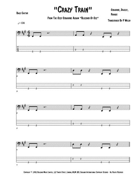 Crazy Train Arr Accubass By Ozzy Osbourne Sheet Music For Bass Guitar Tab At Sheet Music Direct